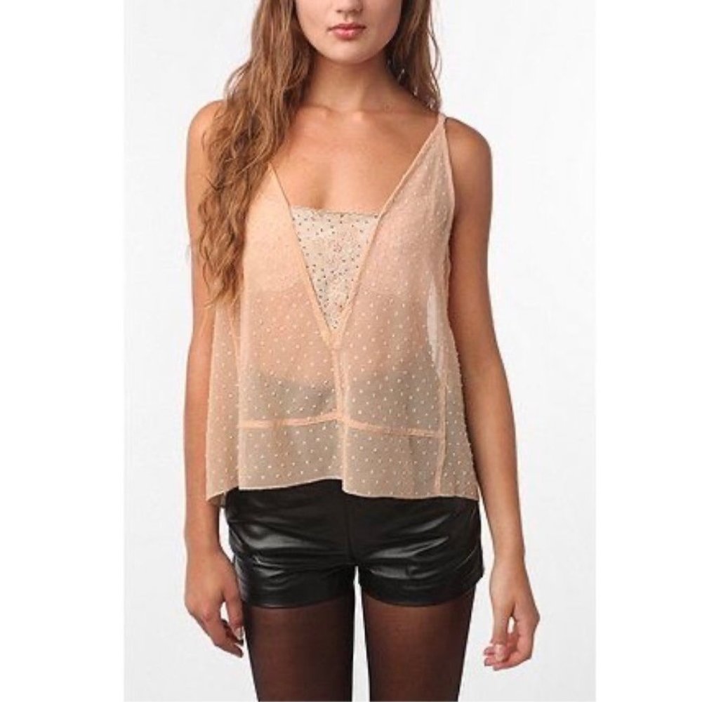 UO Staring at Stars Cami Tank Top Womens Size XS Peach Nude Sheer Dot Floral